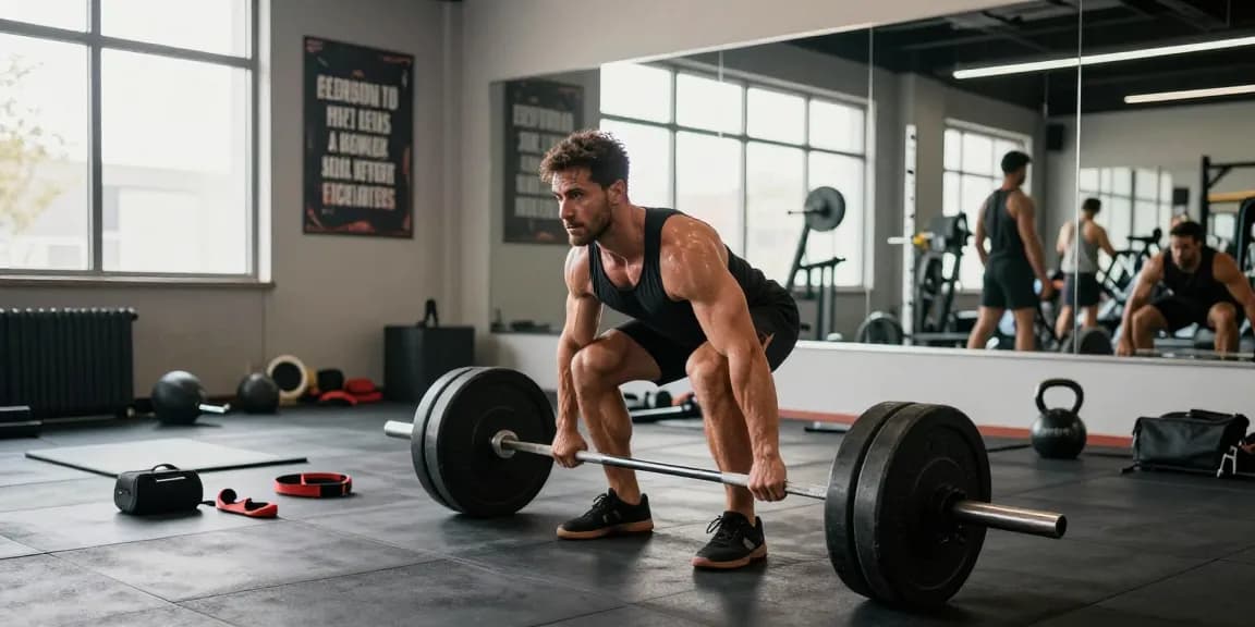 Bodybuilder performing deadlifts surrounded by Prime Pharma Steroiden products in an energetic gym atmosphere.