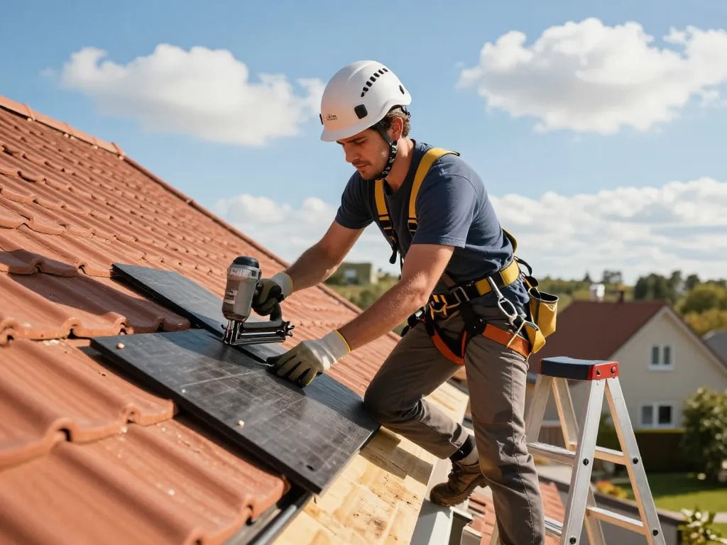Dakdekker van De Kraaij die zorgvuldig nieuwe dakmaterialen installeert op een woning, en expertise en vakmanschap toont.