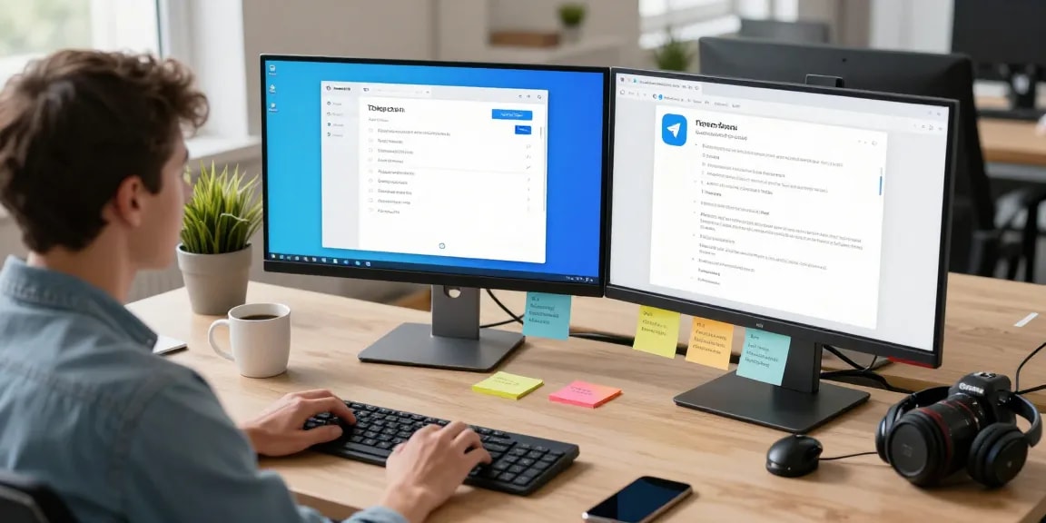 Configure the Telegram Chinese Version in a modern workspace with tech gadgets and user guides.