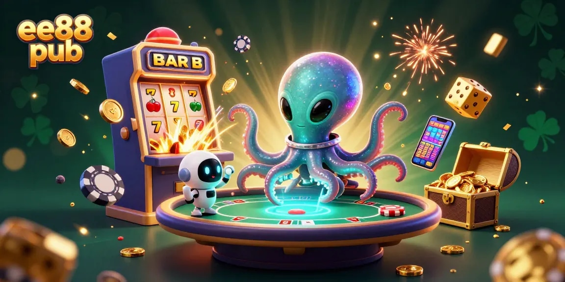 Experience thrilling action at ee88 pub with this exciting casino scene featuring an alien octopus and joyful robot.