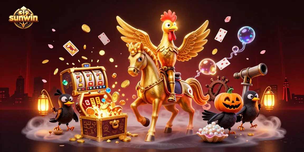 Experience thrilling slots with sunwin’s golden rooster hero in a vibrant casino scene.