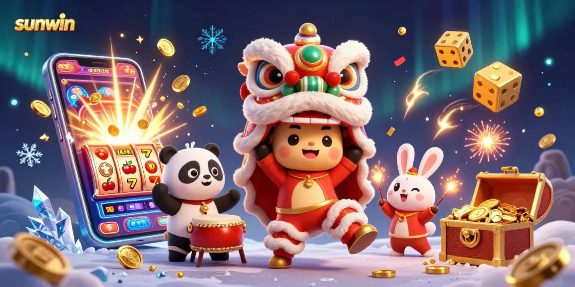 Sunwin presents an exciting casino scene with vibrant characters celebrating big wins.