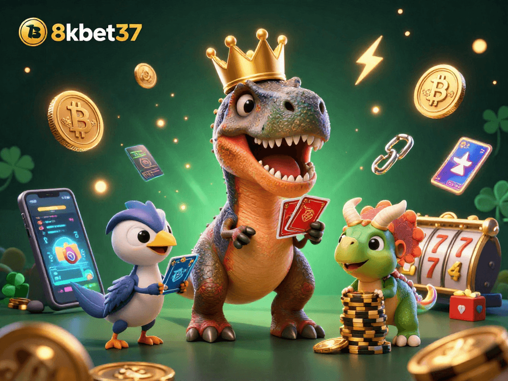 Experience thrilling gameplay with the 8kbet37 casino illustration featuring dinosaurs and crypto elements.