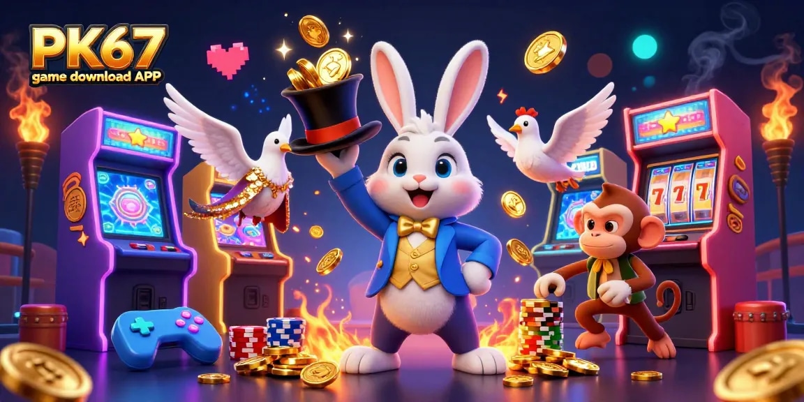 Discover the thrill of the PK67 game download APK in a dynamic casino illustration with vibrant gaming elements.