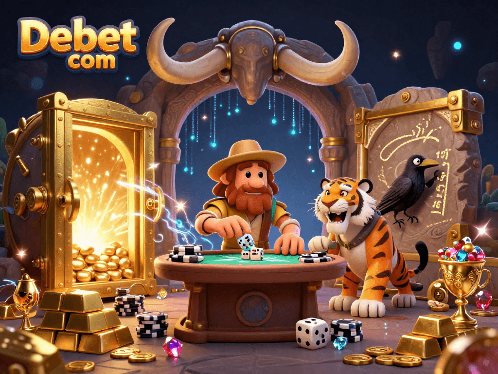 Experience big wins at Debet com with a colorful, animated prehistoric casino scene featuring cavemen and treasures.