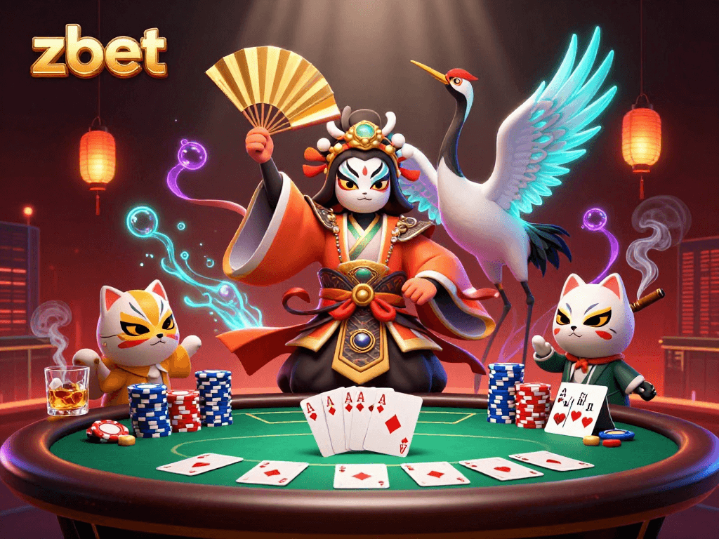 Zbet showcases an exciting poker scene with a kabuki warrior, perfect for immersive online gambling.