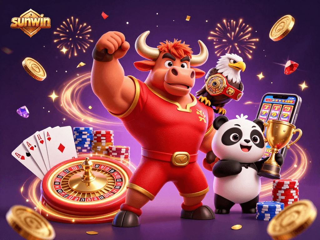 Join the celebration with sunwin: 3D casino characters and gaming elements in a thrilling scene.
