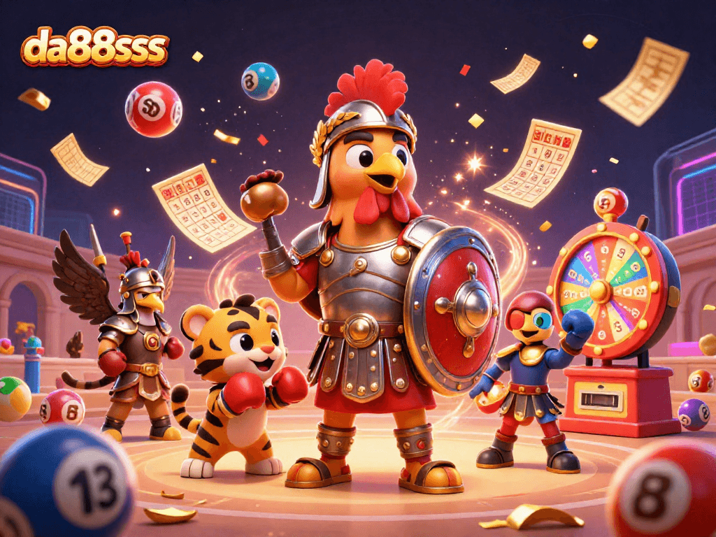 Experience thrilling adventures with da88sss as colorful gaming elements explode around a warrior rooster