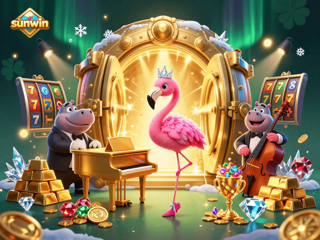 Engage with sunwin's vibrant casino universe featuring a flamingo singer and hippo bassist amidst riches.