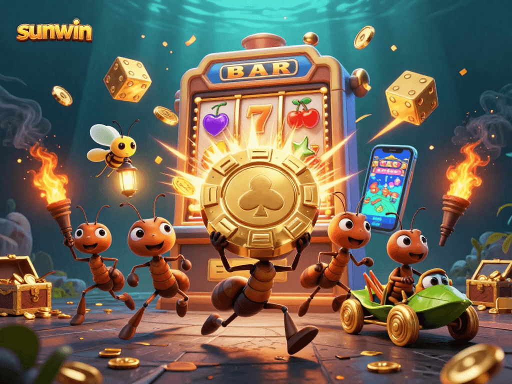 Experience sunwin's thrilling slot adventure with cartoon ants on a golden heist.