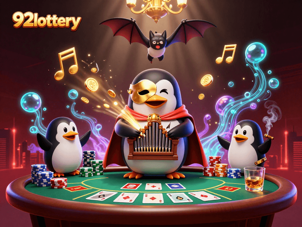Experience 92lottery action with a penguin organist shooting coins in a casino scene.