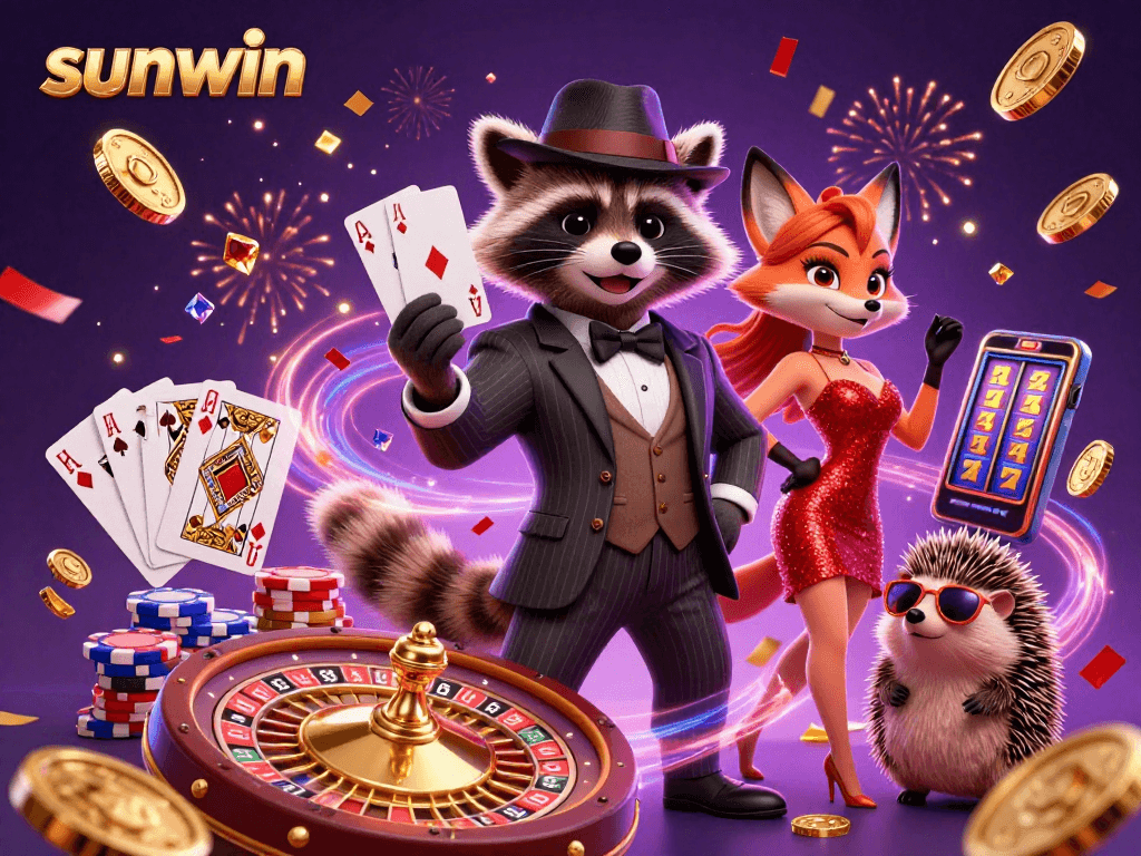 Engage with sunwin's vibrant casino scene featuring charming characters, royal flush, and dynamic game elements.
