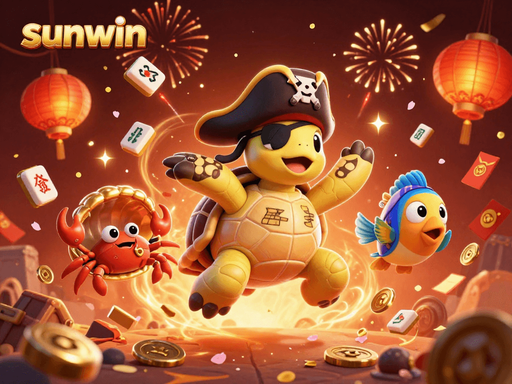 Experience sunwin's exciting gaming elements with a playful pirate turtle and treasures floating in the scene.