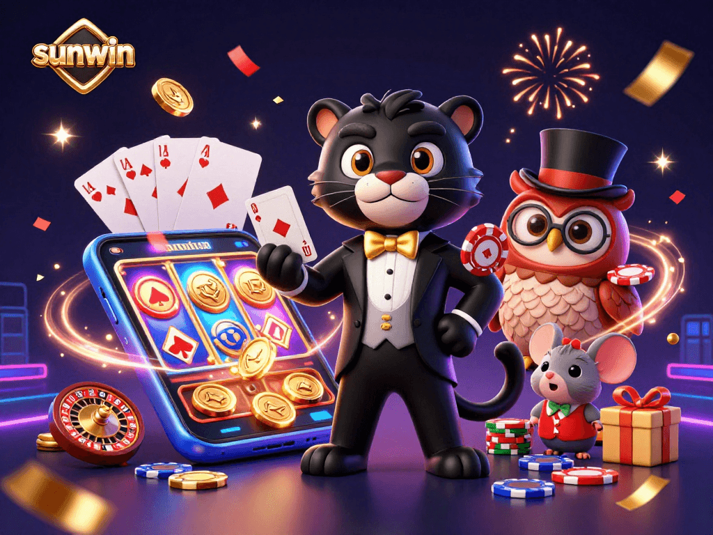Engage with sunwin in a vibrant 3D scene of a panther dealing cards and an owl with poker chips.