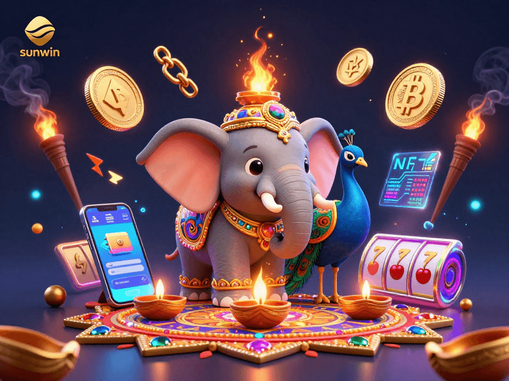Engage in thrilling games at sunwin featuring a vibrant 3D illustration of a Diwali-themed casino experience.
