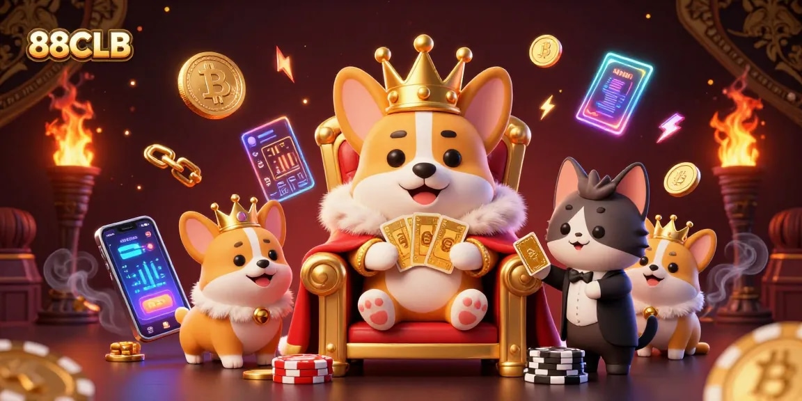 Experience the thrill at 88CLB with a regal corgi and a cat butler amidst neon crypto coins.