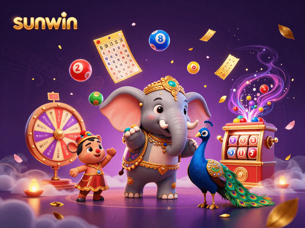 Engage with sunwin's exciting gaming scene featuring vibrant lottery elements and a colorful elephant.