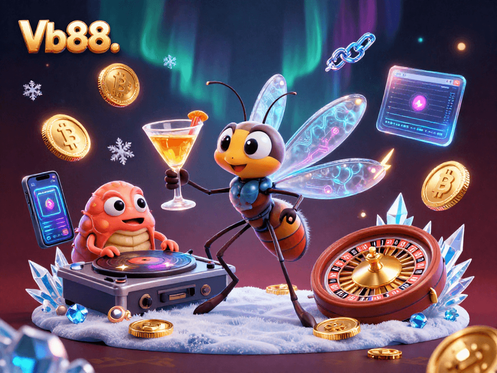 Experience thrilling games with Vb88. as a vibrant casino scene unfolds with unique characters and crypto elements.