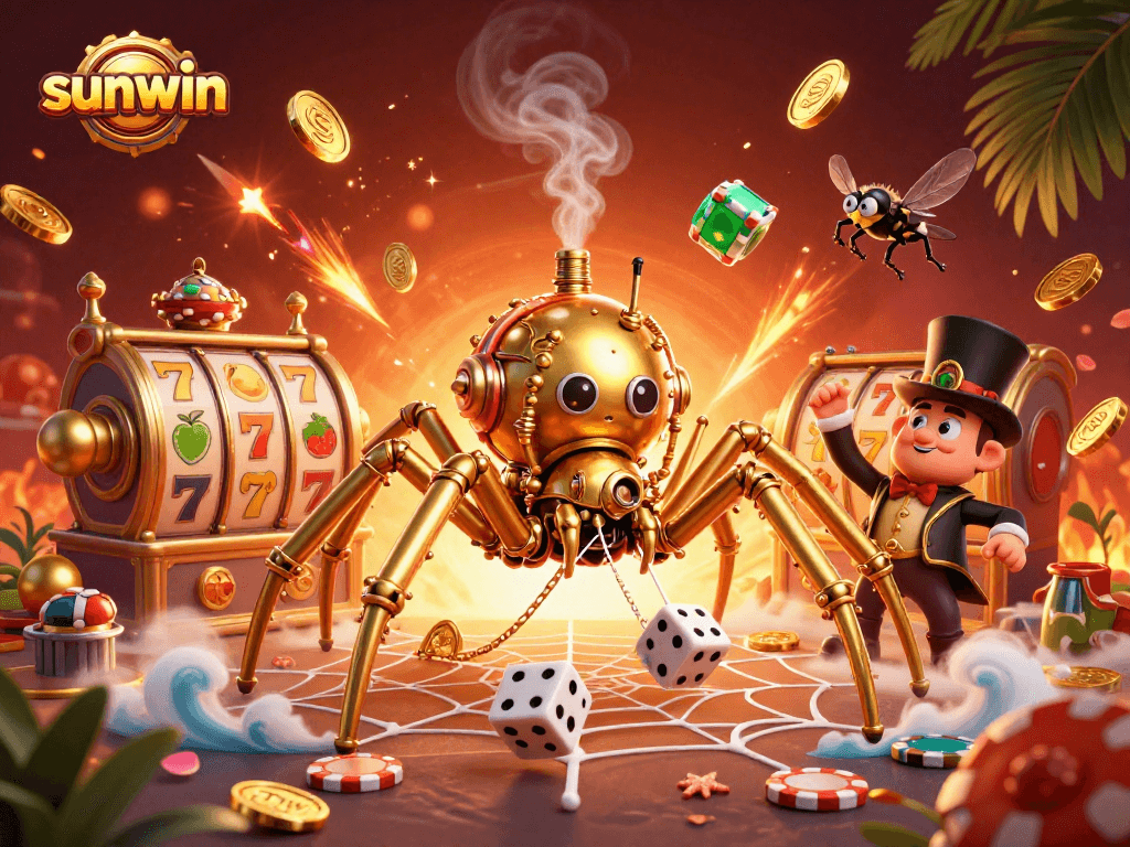 Catch the excitement of sunwin with a steampunk spider and dice in this vibrant casino scene.