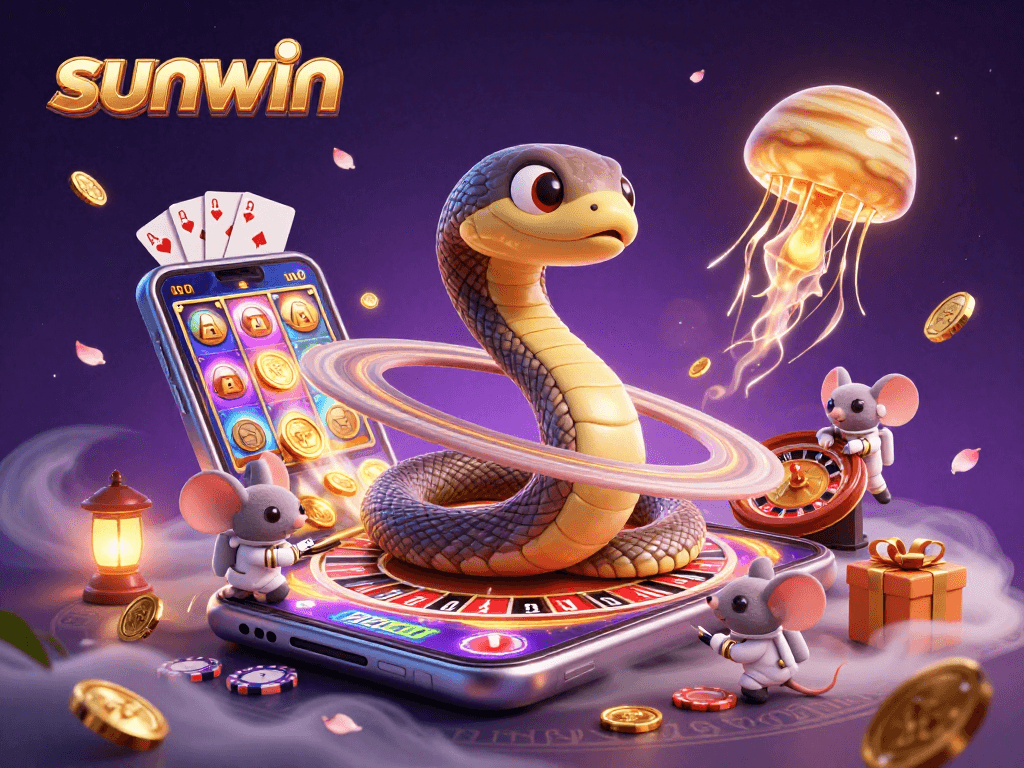 Experience sunwin's cosmic casino action with vibrant 3D illustration of gaming characters and chaos