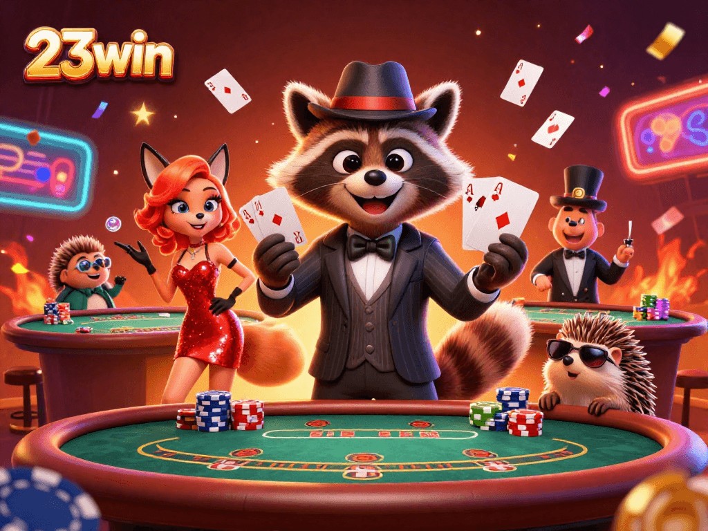 Engage with 23win in this vibrant casino scene featuring a raccoon, fox, and hedgehog, showcasing a royal flush hand.
