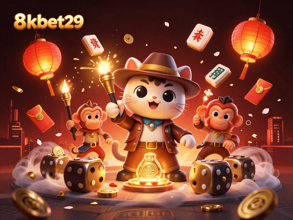Experience thrilling gameplay in 8kbet29's colorful casino world with a daring archaeologist cat.
