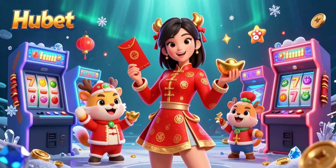 Experience thrilling jackpot action at Hubet with vibrant casino elements and festive characters.