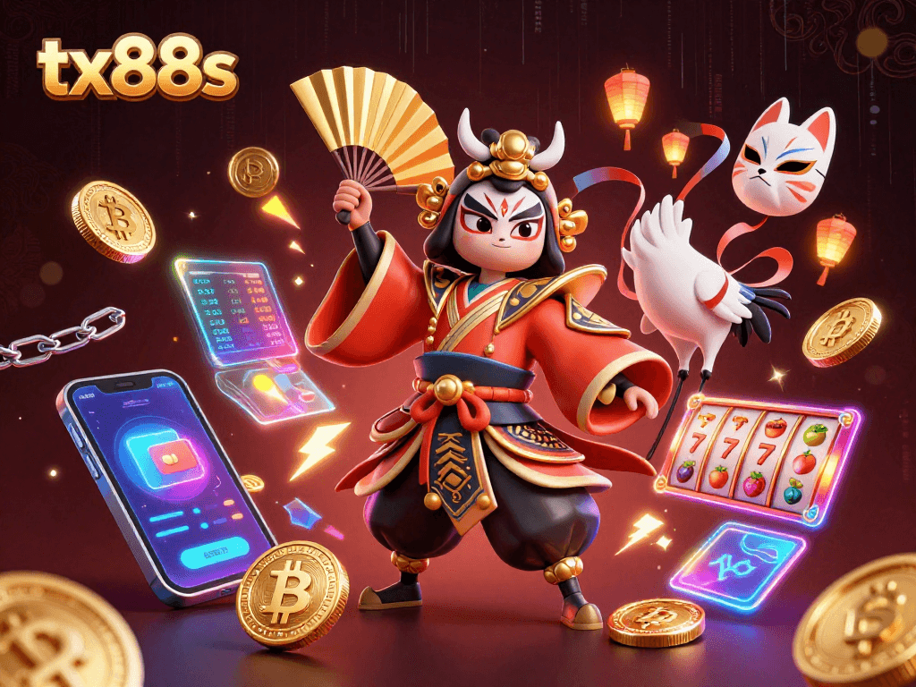 Experience thrilling slots with tx88s featuring a kabuki warrior and crypto gaming elements.