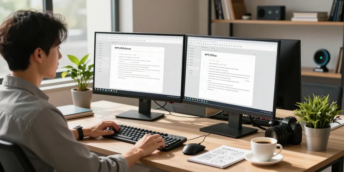 Download WPS Office in a modern workspace setting with a professional using dual monitors and stylish accessories.