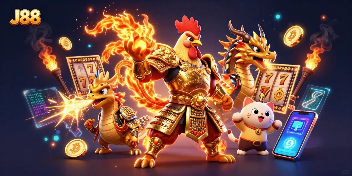 Experience thrilling gameplay at J88 with the exciting rooster warrior and dragon in the casino scene.