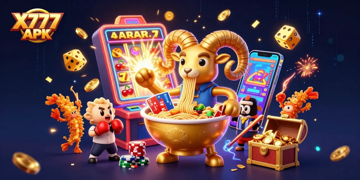 Engage with the X777 APK as characters stack chips and deal cards in a vibrant 3D casino setting.