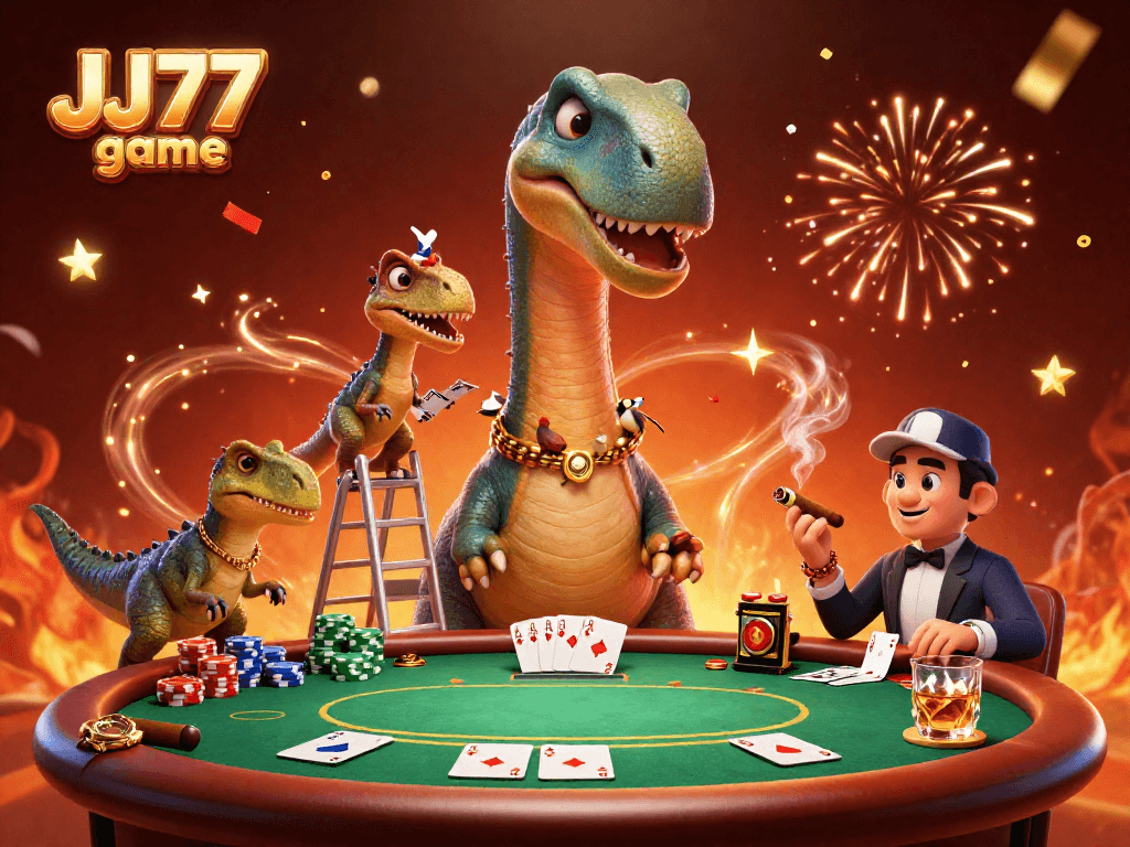 Experience thrilling action with the JJ77 game at a dynamic poker table surrounded by engaging characters.