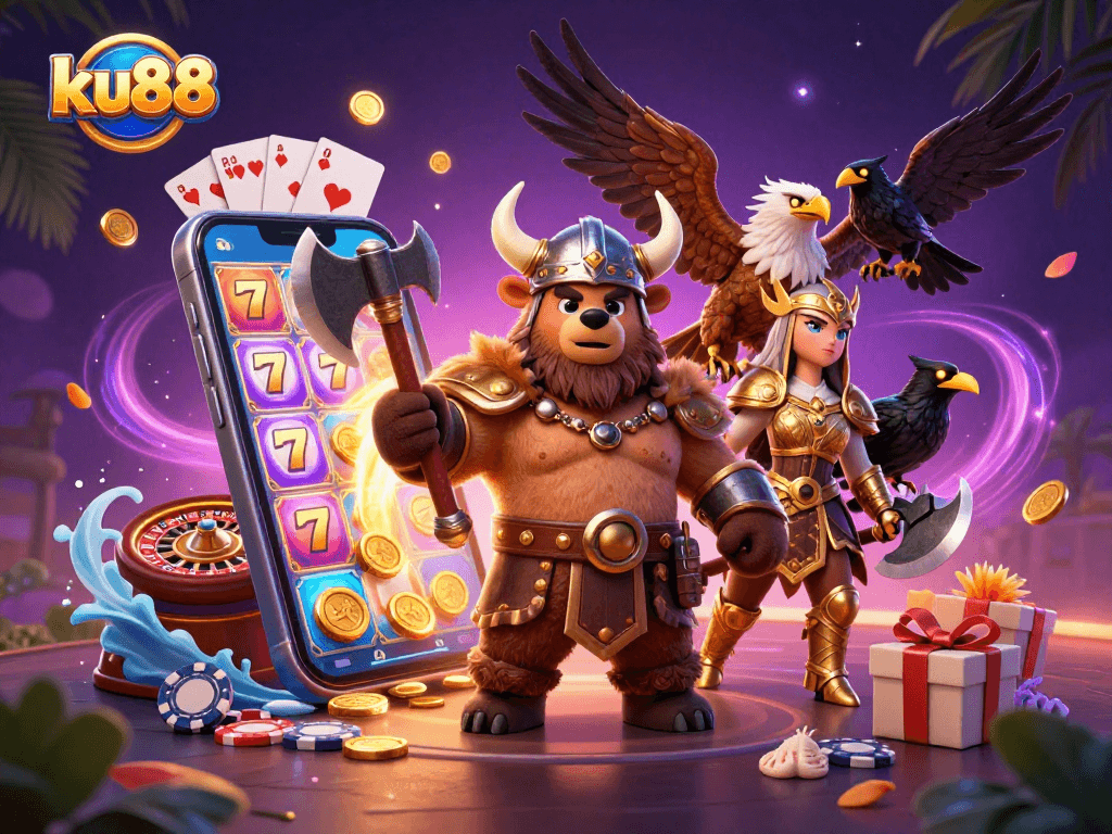 Engage with ku88's vibrant casino scene featuring a Viking bear, Valkyrie eagle, and dynamic slot games.