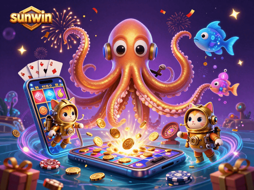 Engage with sunwin's thrilling slots beside a colossal kraken celebrating in a vibrant casino scene.