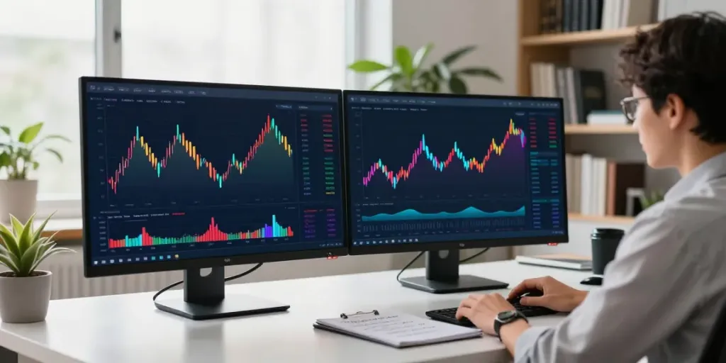 Analyze internet-money trends in a modern tech workspace with dual monitors and natural light.