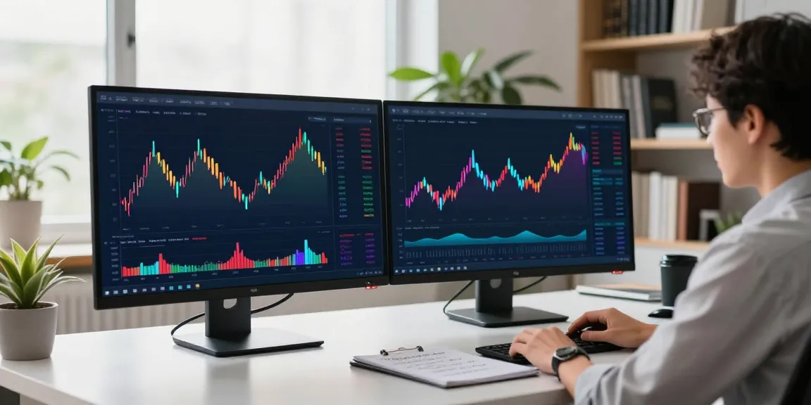 Analyze internet-money trends in a modern tech workspace with dual monitors and natural light.