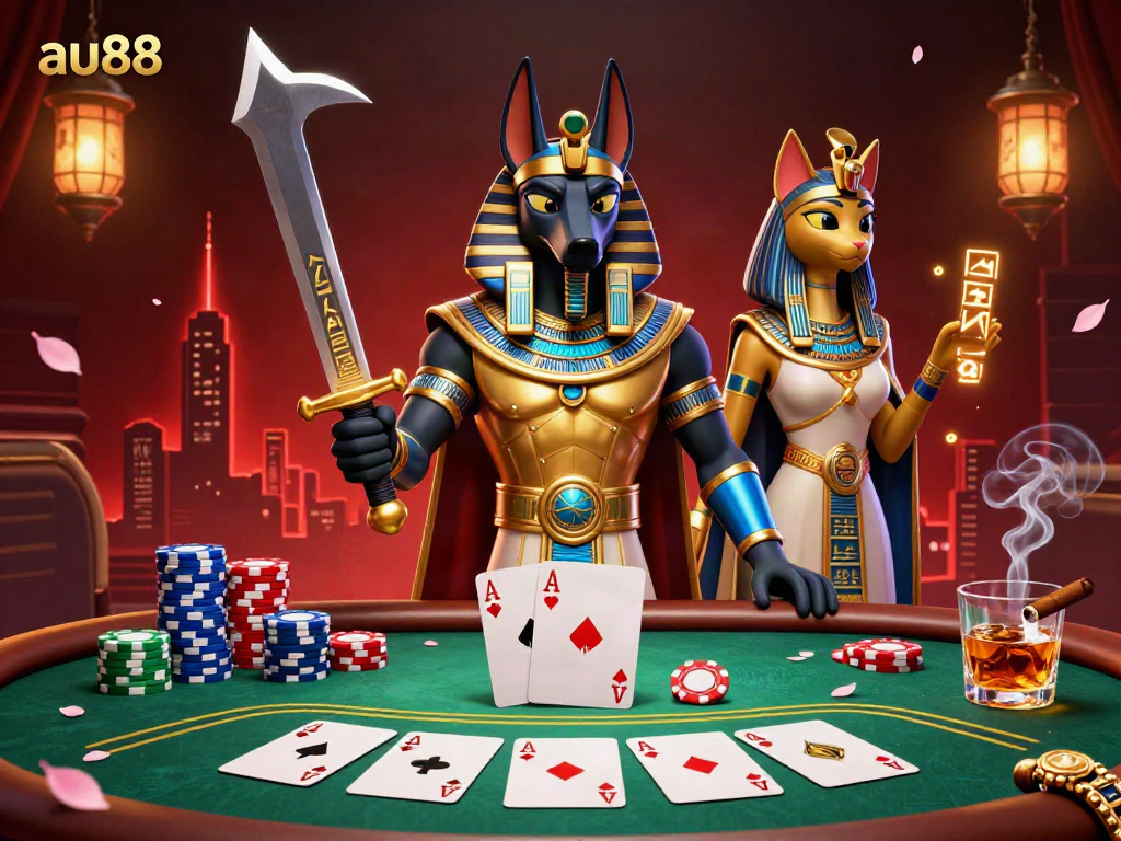Engage with the vibrant casino scene featuring au88's Anubis warrior and Bastet in action.