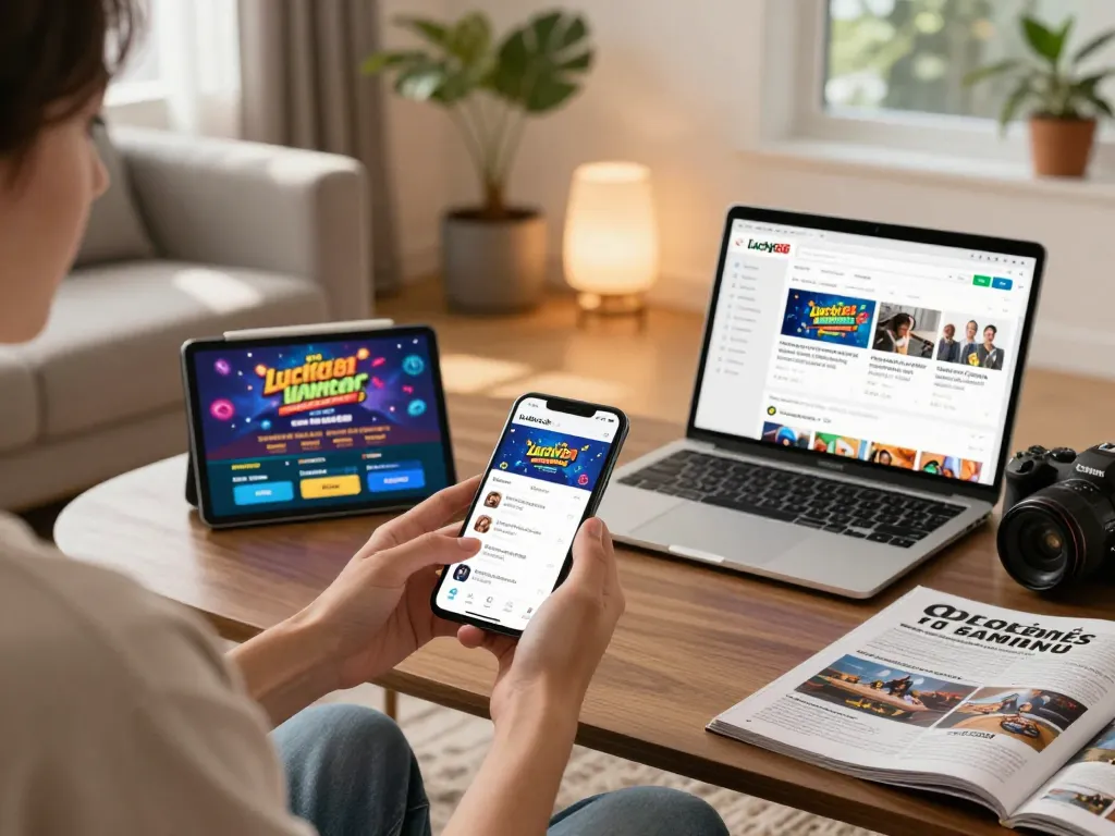 Tải app Lucky88 displayed on smartphone in a cozy living room setting, promoting user engagement and modern lifestyle.
