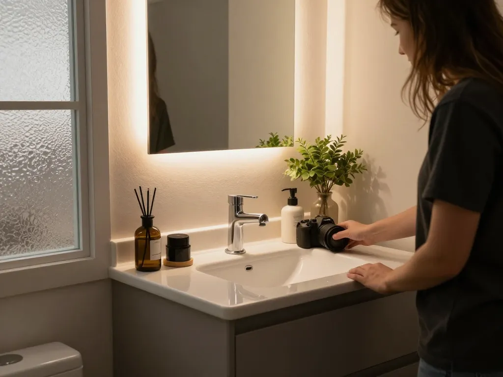 Stijlvol badkamermeubel van 50 cm breed, gepresenteerd in een gezellige badkamer, georganiseerd met elegante accessoires.
