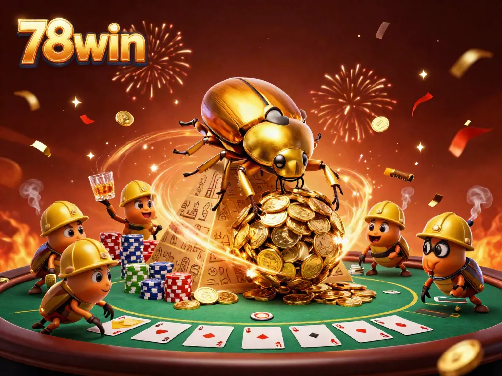 Experience the thrilling world of 78win with a vibrant illustration of golden beetles amidst casino elements.