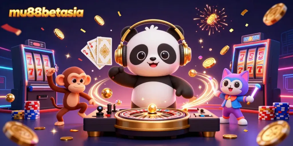 Experience thrill at mu88betasia with the DJ panda and breakdancing monkey amidst casino elements.