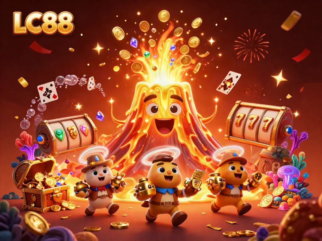 Experience the excitement of LC88 with a golden volcano erupting treasures amidst dynamic casino elements.