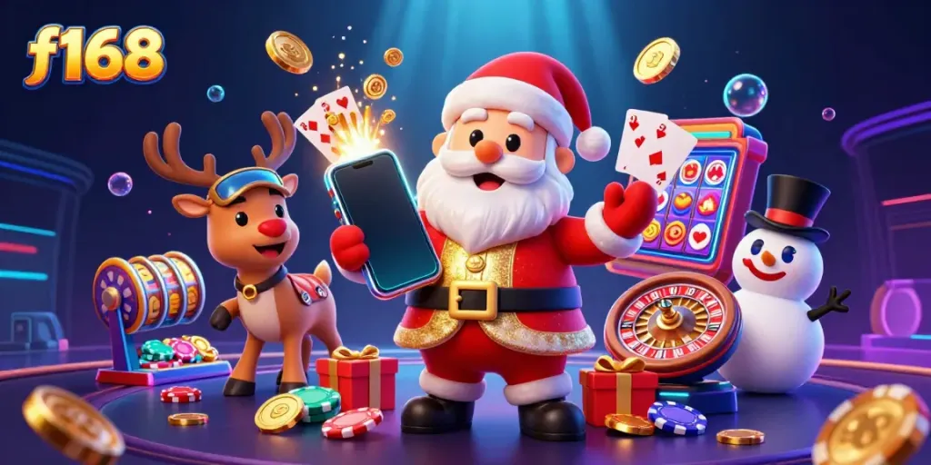 Experience excitement at f168 with Santa and friends cheering for jackpot slots at a vibrant casino.