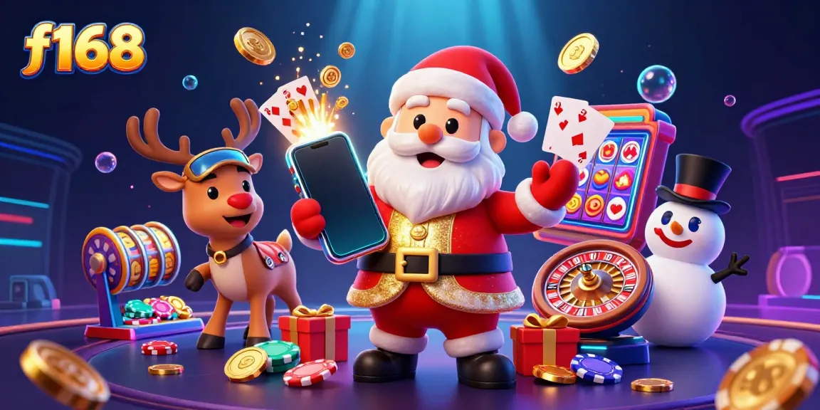 Experience excitement at f168 with Santa and friends cheering for jackpot slots at a vibrant casino.