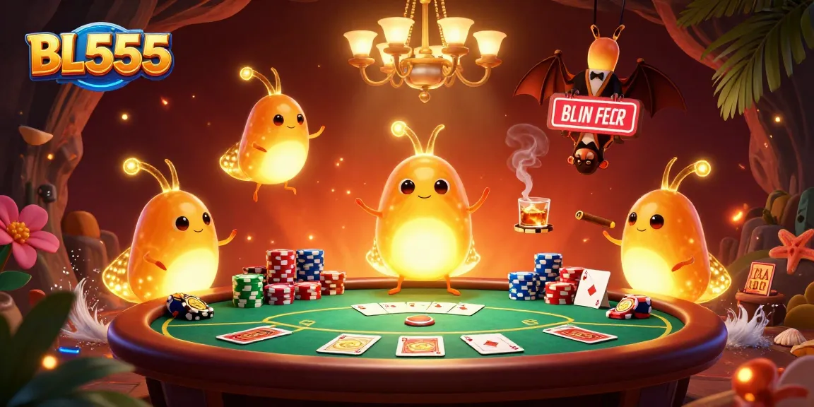 Experience the vibrant BL555 casino scene with glowing creatures and poker action.