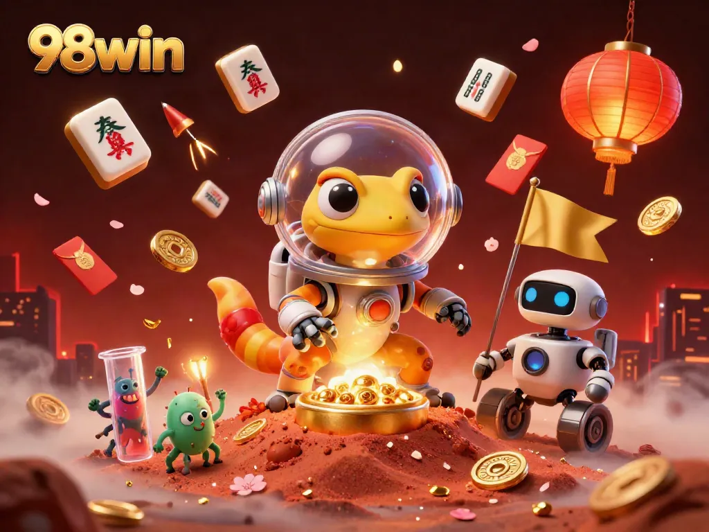 Explore 98win's golden casino with a Martian gecko, celebrating amidst vibrant gambling elements.