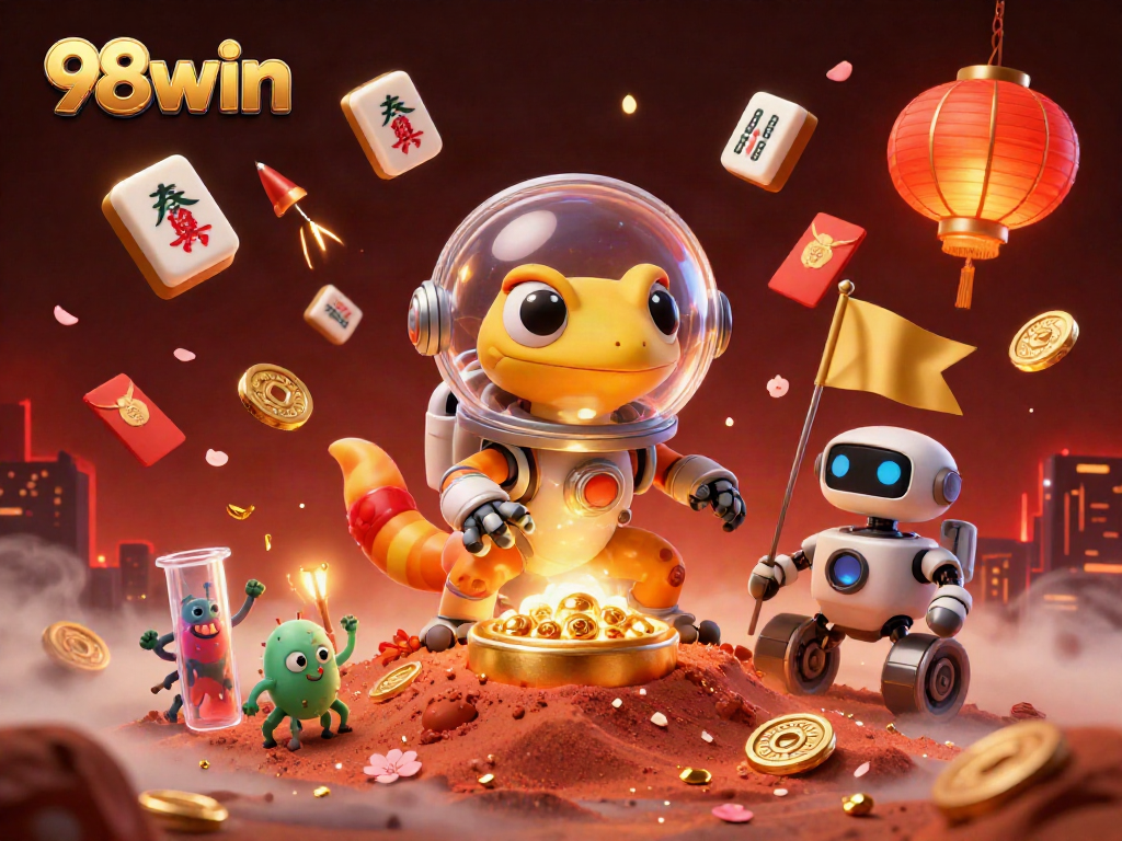 Explore 98win's golden casino with a Martian gecko, celebrating amidst vibrant gambling elements.