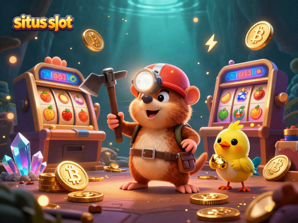 Experience vibrant gaming thrills at situs slot with a treasure hunter and canary in a gemstone-filled casino.