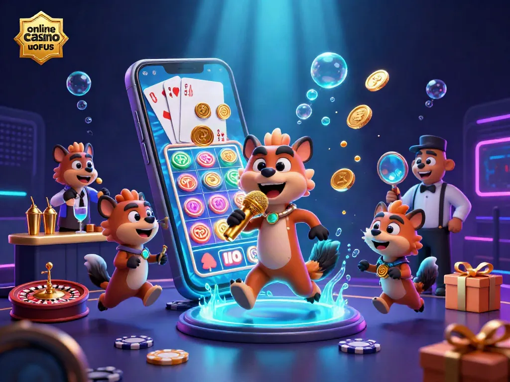 Experience the excitement of online casino uden ROFUS with engaging hyenas in a vibrant casino scene.