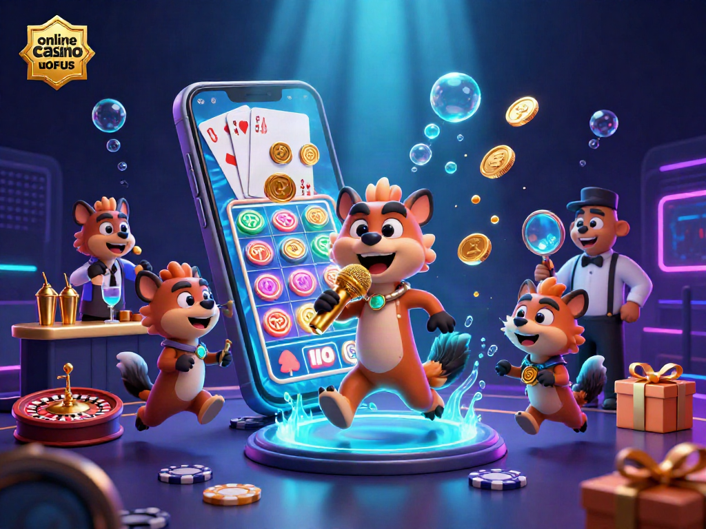 Experience the excitement of online casino uden ROFUS with engaging hyenas in a vibrant casino scene.
